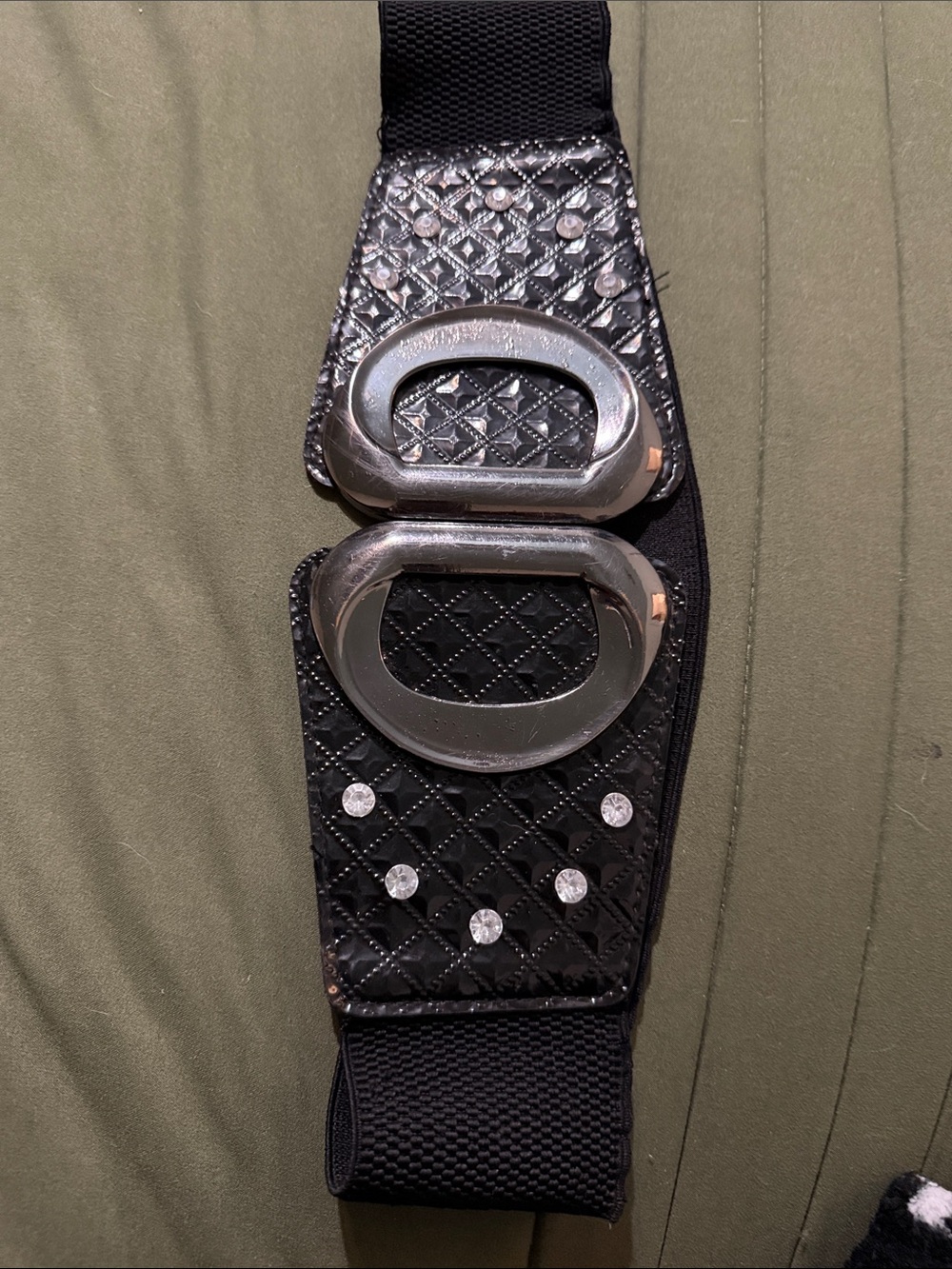 Black Elastic Belt with Silver Buckle and Rhinestone Accents